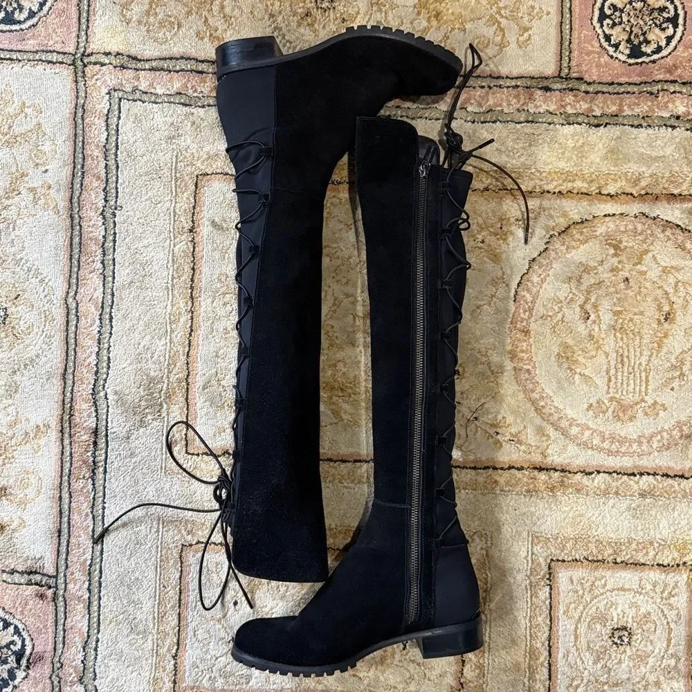 Michael Kors Skye Women’s Sz 6M Black Suede Rear Lace Zip Over-the-Knee Boots